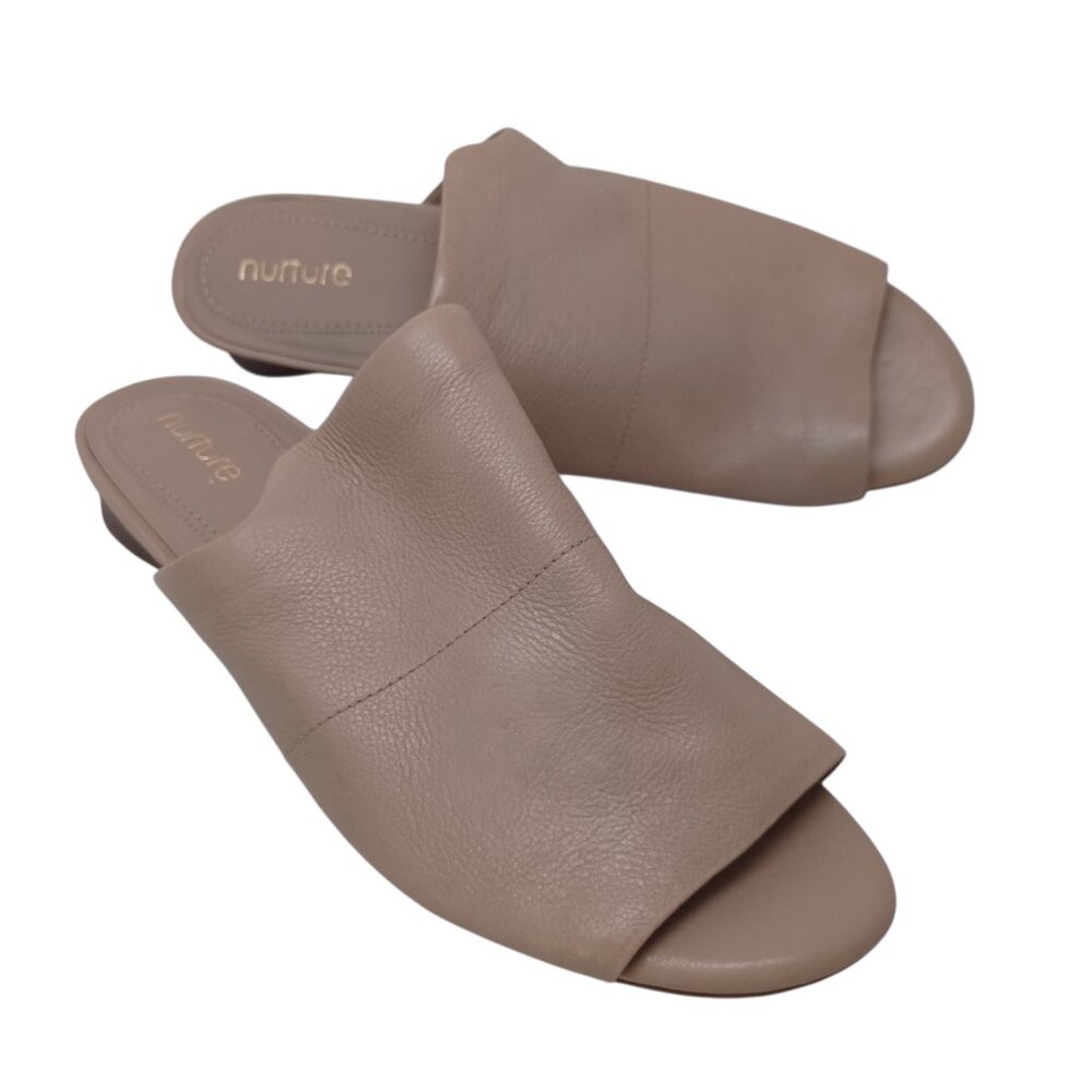 Nurture Shoes Beige‎ Leather Open Toe Slip On Mule Slides Womens 9 M